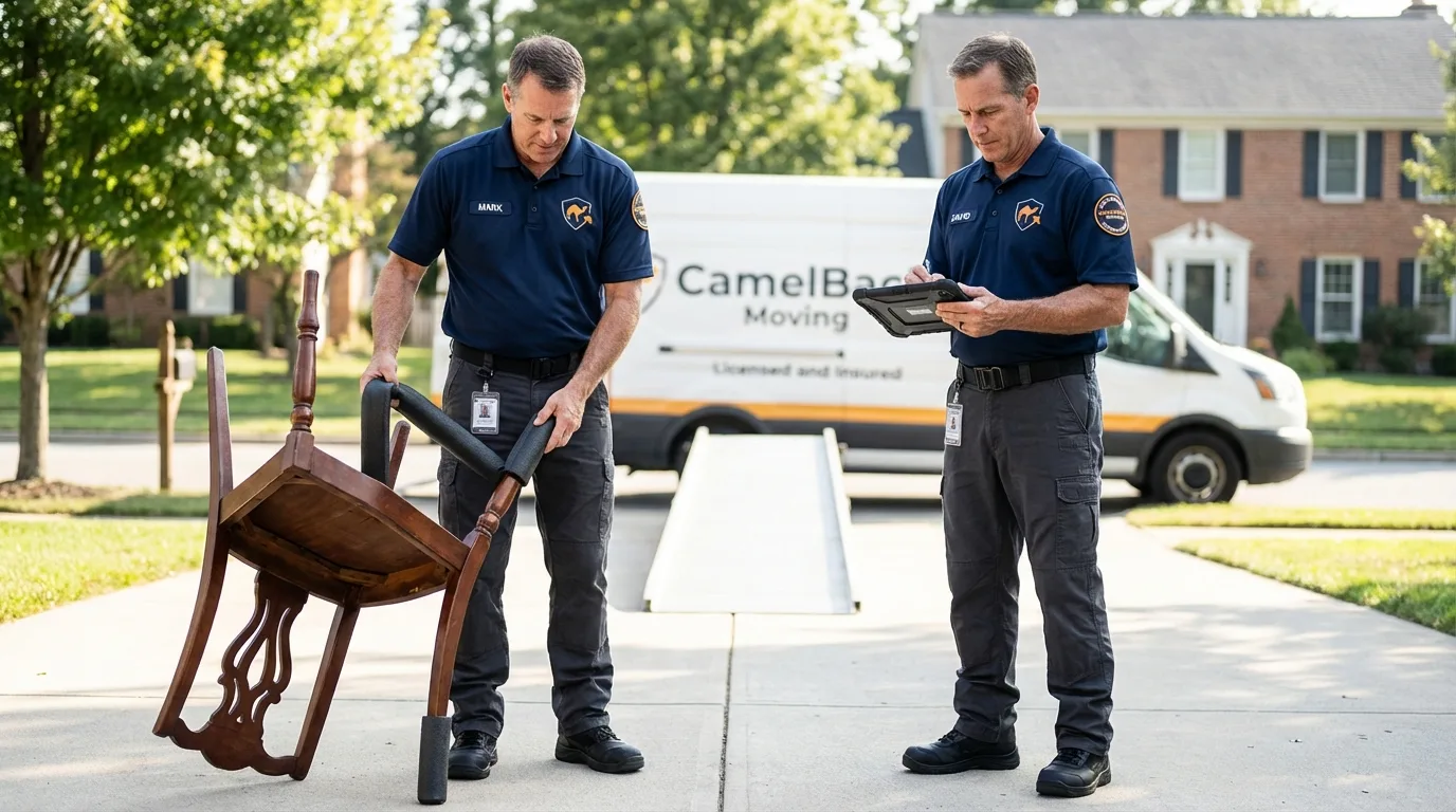Movers inspecting furniture for damage prevention before loading in Dublin, PA